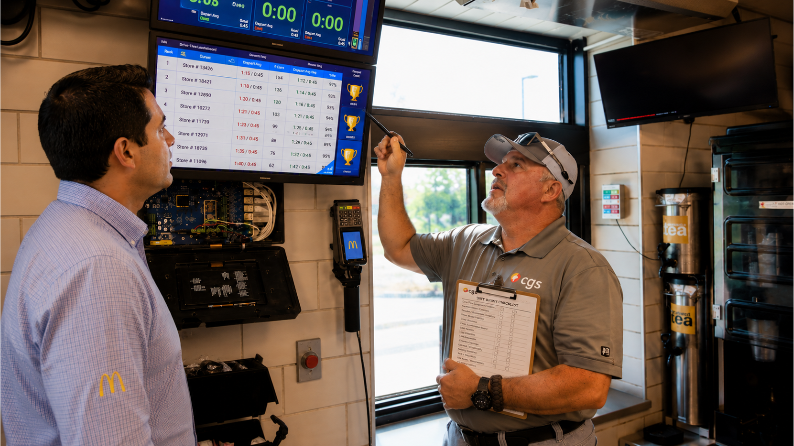 Two men stand inside a fast food restaurant; one, likely a restaurant technology partner, points at performance screens on the wall while holding a clipboard, as the other observes and asks new build questions.