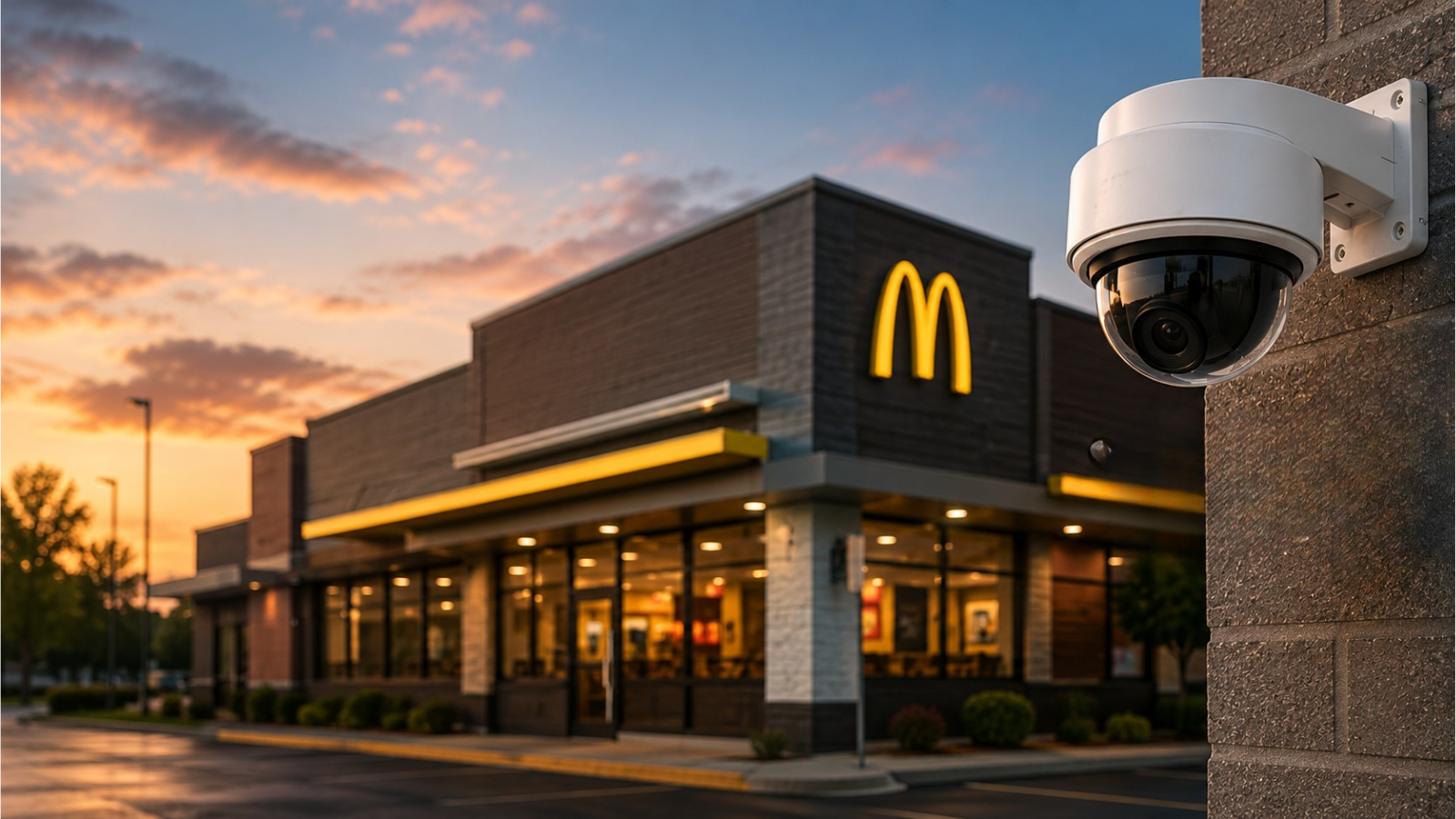 A security camera, compliant with McDonald's NRBES 2027 IP-CCTV standards, is mounted on a wall outside a McDonald&rsquo;s restaurant at sunset, with the iconic logo visible in the background.