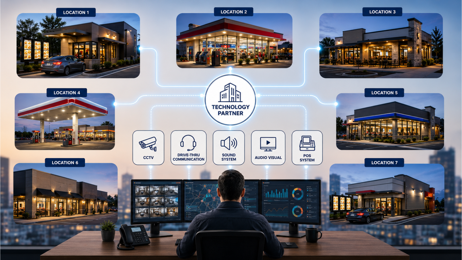 A person monitors multiple fast-food restaurant locations on screens, connected by a restaurant technology partner providing CCTV, drive-thru, sound, audio-visual, and POS systems.