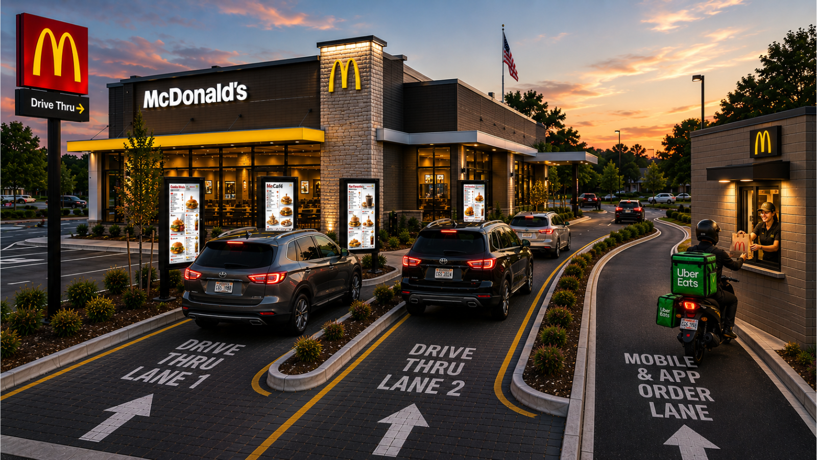 Cars line up at two McDonald's drive-thru lanes while an Uber Eats delivery person waits in a separate mobile and app order lane, highlighting the need for a drive-thru upgrade as HME EOS end of sale approaches at sunset.