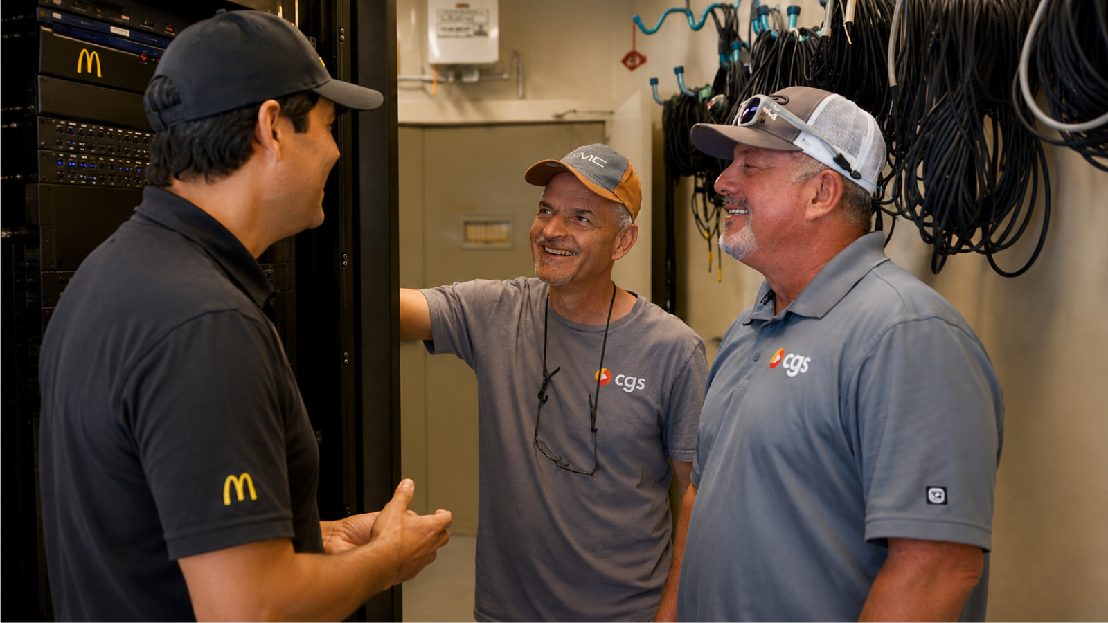 Three men in work shirts and hats stand and talk inside a server room with network cables and equipment visible in the background, discussing McDonald's NEXT strategy technology remodel.