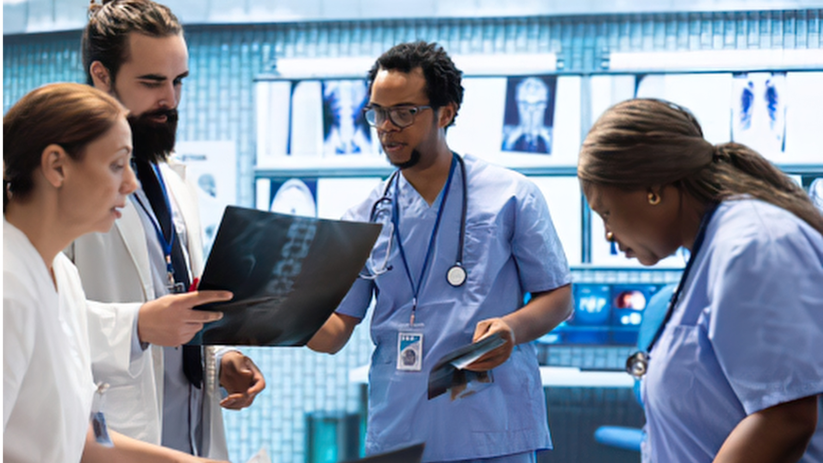 Four medical professionals examine X-ray images and discuss results in a hospital setting, with multiple diagnostic scans displayed on monitors in the background.