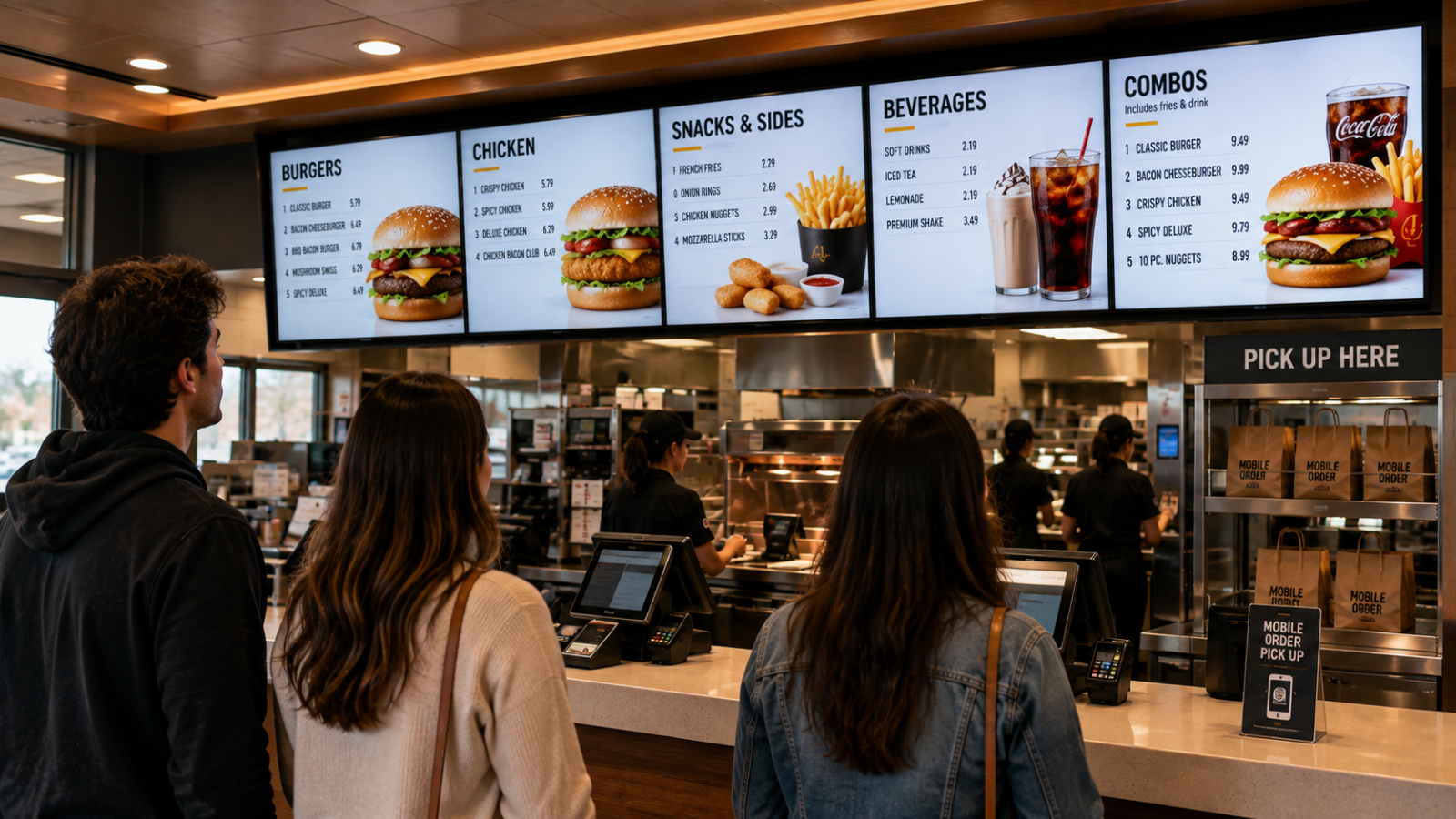 Restaurant customers viewing digital menu boards above the ordering counter