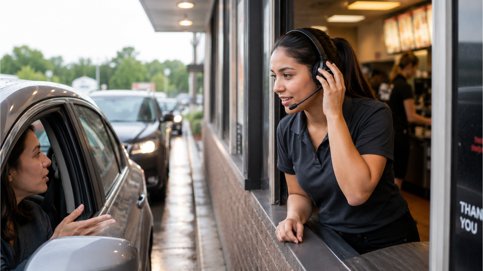 Drive-thru employee adjusting her headset while speaking with a customer at the service window