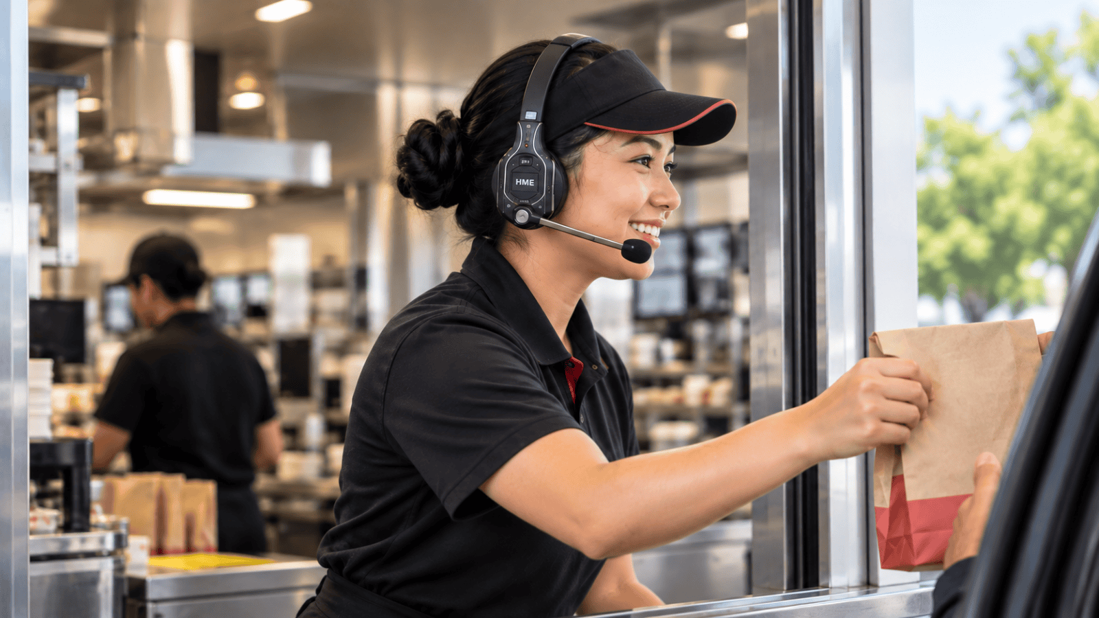 Smiling fast food worker wearing a headset hands a paper bag to a customer at a drive-thru window, showcasing the efficiency of modern drive thru systems QSR.