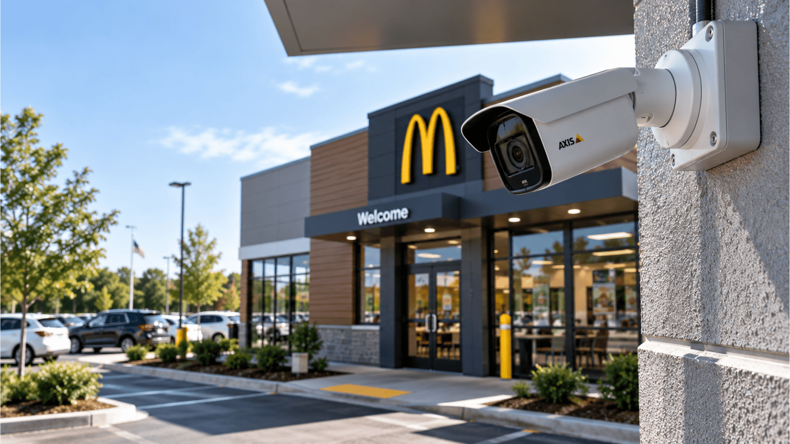 Security camera mounted outside a McDonald&rsquo;s restaurant entrance, with the parking lot and cars visible in the background on a clear day, highlighting the importance of surveillance for QSR locations equipped with drive thru headset systems.