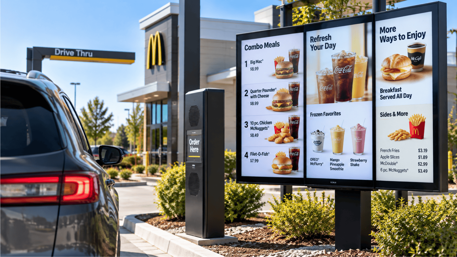 A car waits at a McDonald&rsquo;s drive-thru next to a digital menu board displaying meal options, drinks, and prices, while a commercial security camera system discreetly monitors the restaurant&rsquo;s exterior for safety and efficiency.