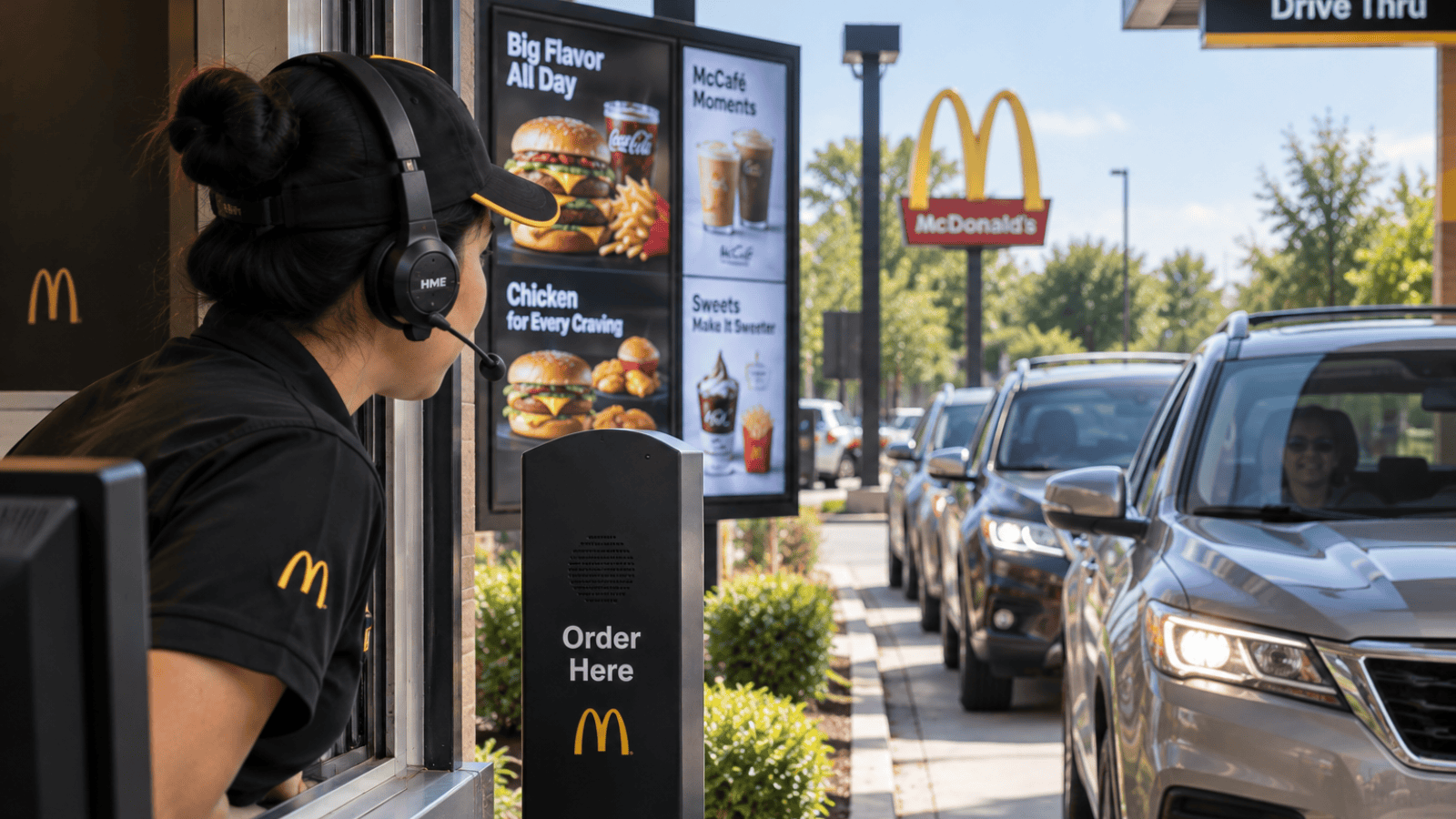 A McDonald&rsquo;s employee wearing a headset takes orders at the drive-thru as cars wait in line and menu boards display food options, showcasing how restaurant managed services can streamline operations and enhance efficiency at leading QSRs.